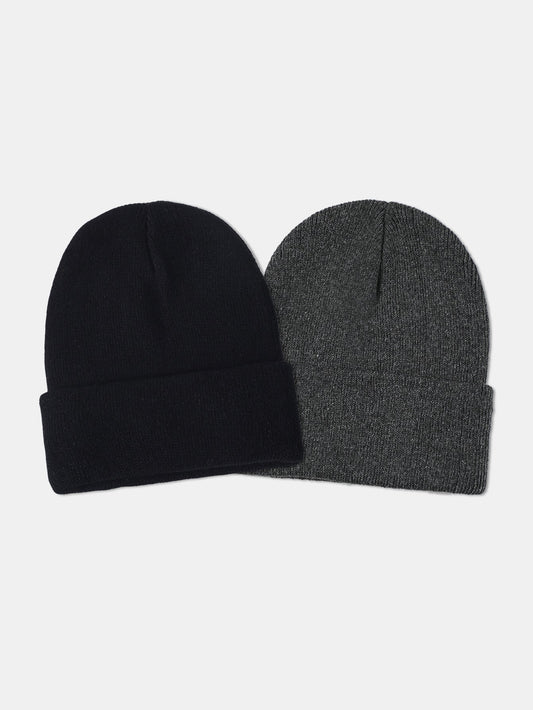 2 Pieces Solid Color Warm Knit Beanie Hat - Naturzy
