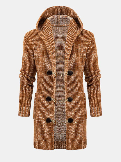 Long Line Horn Buckle Hooded Knitted Cardigan - Naturzy