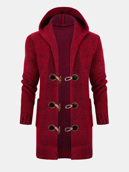 Long Line Horn Buckle Hooded Knitted Cardigan - Naturzy