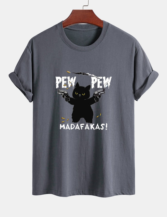 Regular Fit PEW PEW MADAFAKAS Black Cat Print Cotton T-Shirt - Naturzy