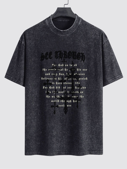 Cross Slogan Print Washed Distressed Drop Shoulder T-Shirt - Naturzy
