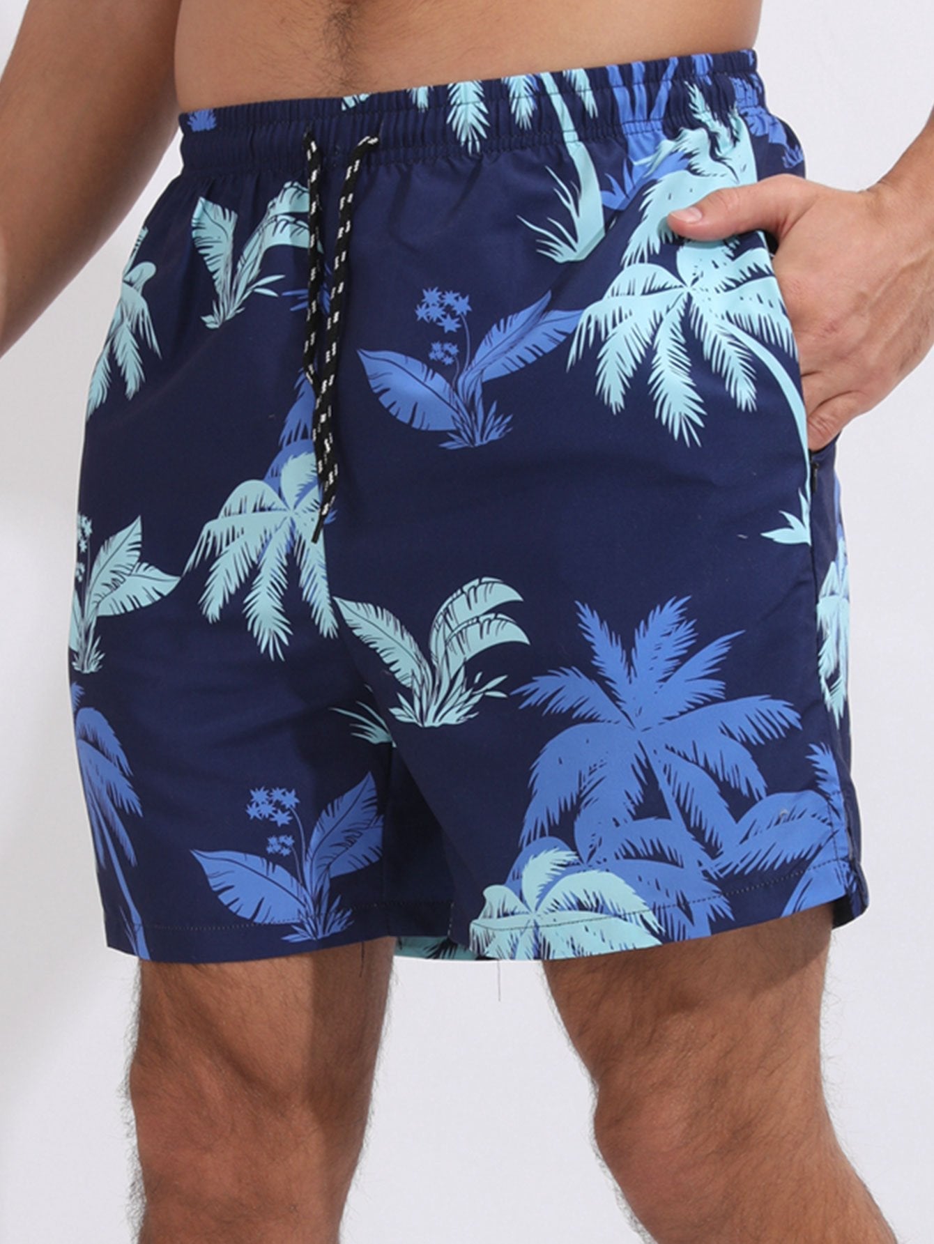 Palm Tree Print Swim Shorts With Compression Liner - Naturzy