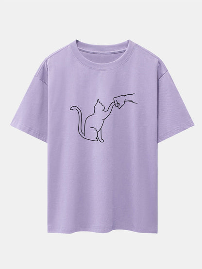 Fist Bump Cat Print Drop Shoulder Oversize T-Shirt - Naturzy