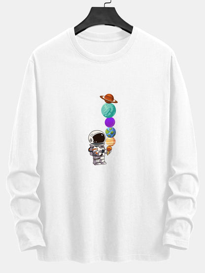Long Sleeve Planet Astronaut Print Cotton T-Shirt - Naturzy