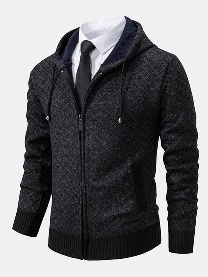 Diamond Pattern Zip Hooded Sweater - Naturzy