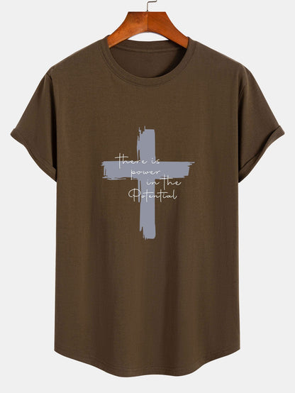 Cross Slogan Print Cotton Arc Hem T-Shirt - Naturzy