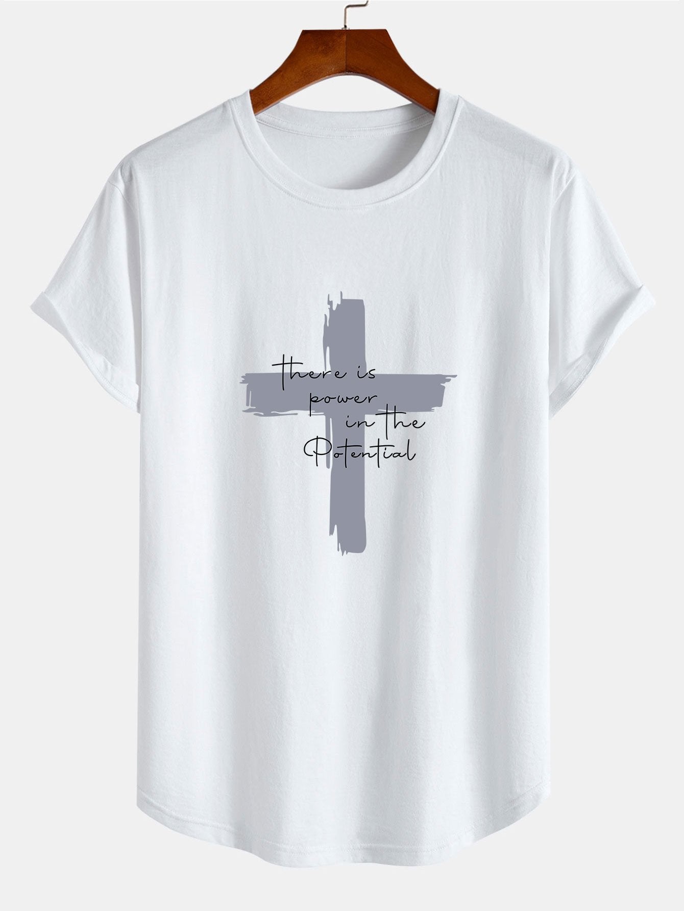 Cross Slogan Print Cotton Arc Hem T-Shirt - Naturzy