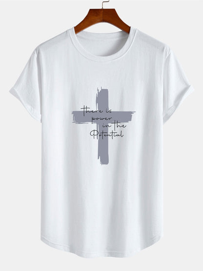 Cross Slogan Print Cotton Arc Hem T-Shirt - Naturzy