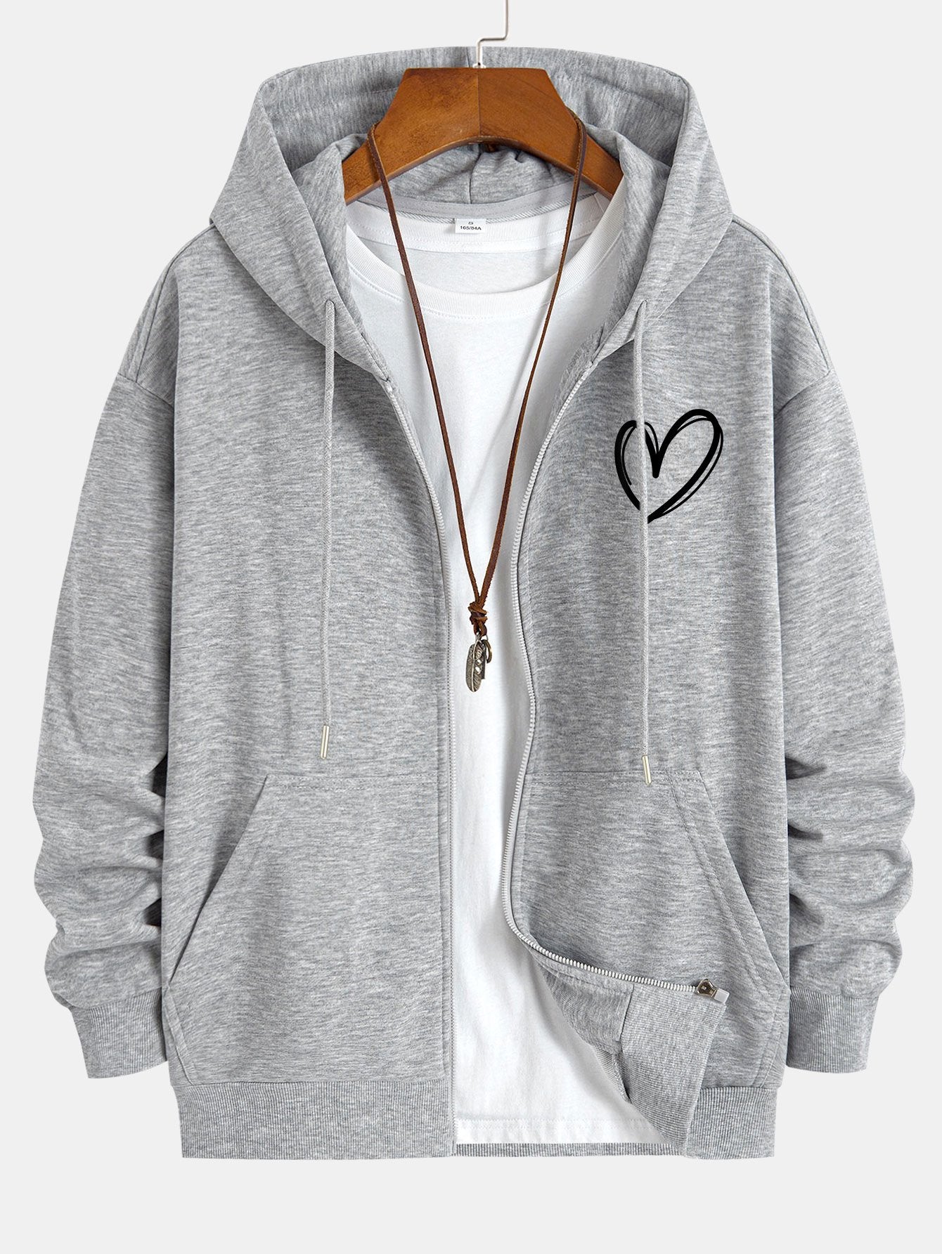 Heart Print Relax Fit Zip Hoodie - Naturzy