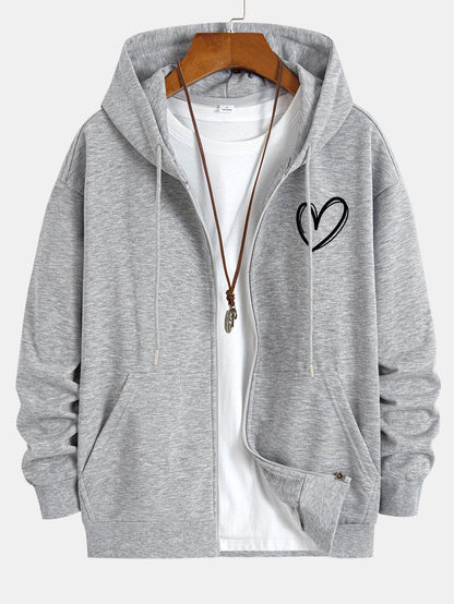 Heart Print Relax Fit Zip Hoodie - Naturzy