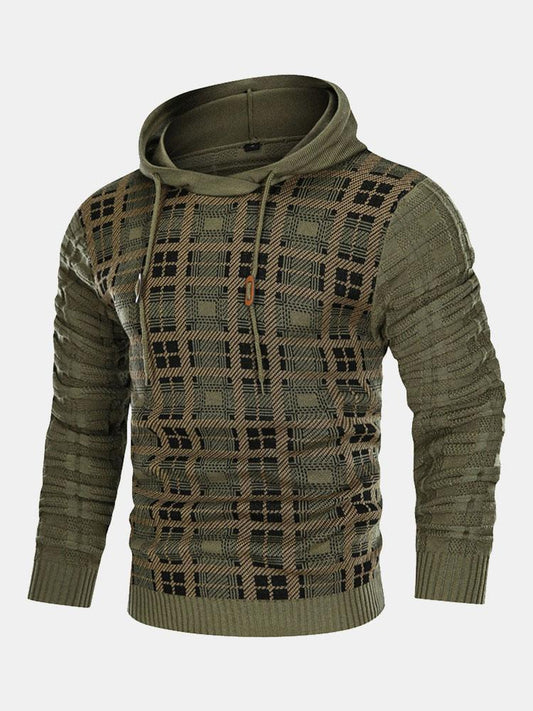 Slim Fit Knitted Plaid Paneled Hooded Sweater - Naturzy