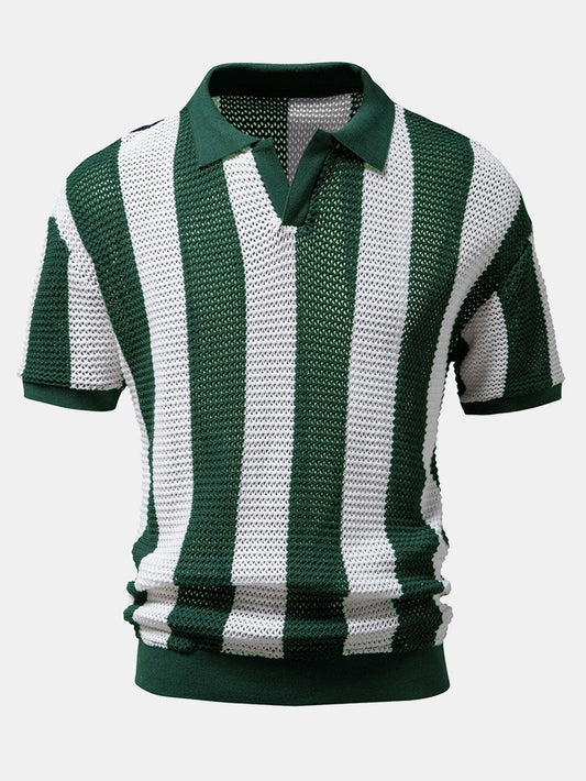 V Neck Striped Knit Polo Shirt - Naturzy