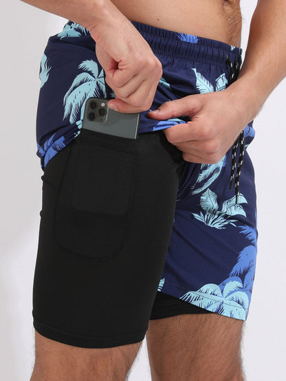Palm Tree Print Swim Shorts With Compression Liner - Naturzy