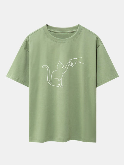 Fist Bump Cat Print Drop Shoulder Oversize T-Shirt - Naturzy