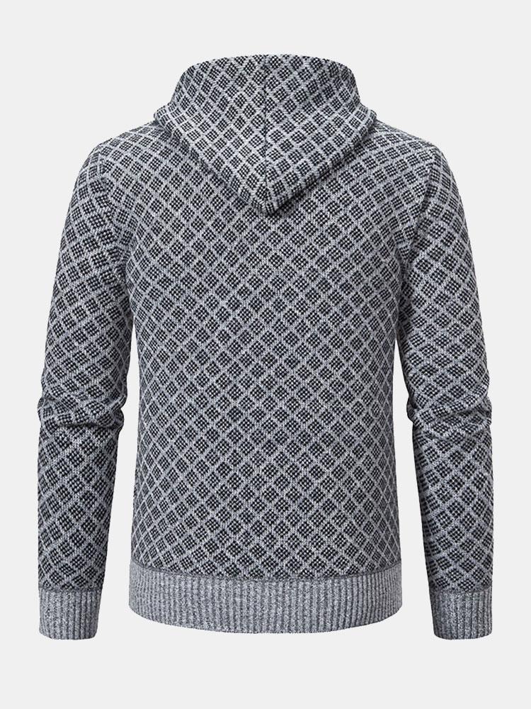 Diamond Pattern Zip Hooded Sweater - Naturzy