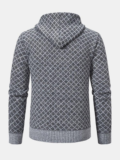 Diamond Pattern Zip Hooded Sweater - Naturzy