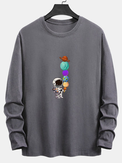 Long Sleeve Planet Astronaut Print Cotton T-Shirt - Naturzy