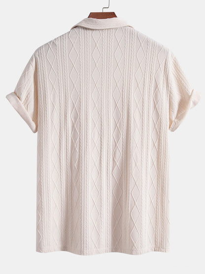 Knitted Geometric Rhombus Jacquard Cuban Shirt - Naturzy