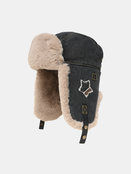 Star Patch Denim Plush Trooper Trapper Hat - Naturzy