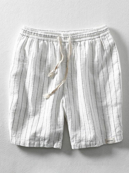 Linen Cotton Blend Drawstring Striped Shorts - Naturzy