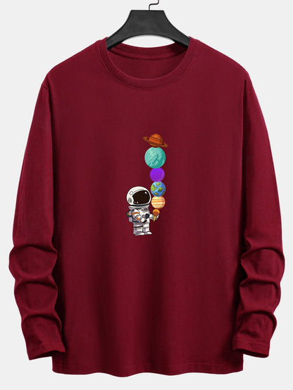 Long Sleeve Planet Astronaut Print Cotton T-Shirt - Naturzy