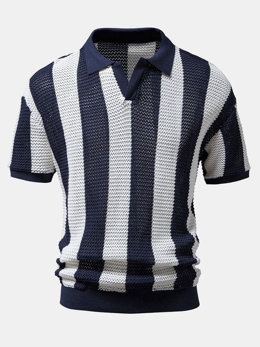 V Neck Striped Knit Polo Shirt - Naturzy