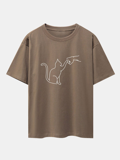 Fist Bump Cat Print Drop Shoulder Oversize T-Shirt - Naturzy