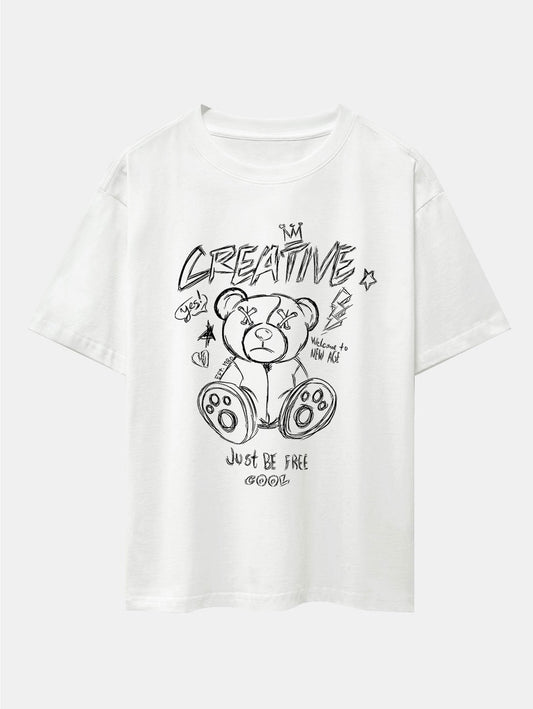 Graffiti Bear Print Drop Shoulder Oversize T-Shirt - Naturzy