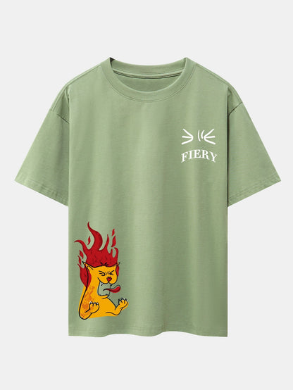 Fiery Cat Print Drop Shoulder Oversize T-Shirt