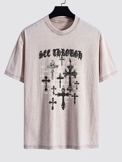 Cross Slogan Print Washed Distressed Drop Shoulder T-Shirt - Naturzy