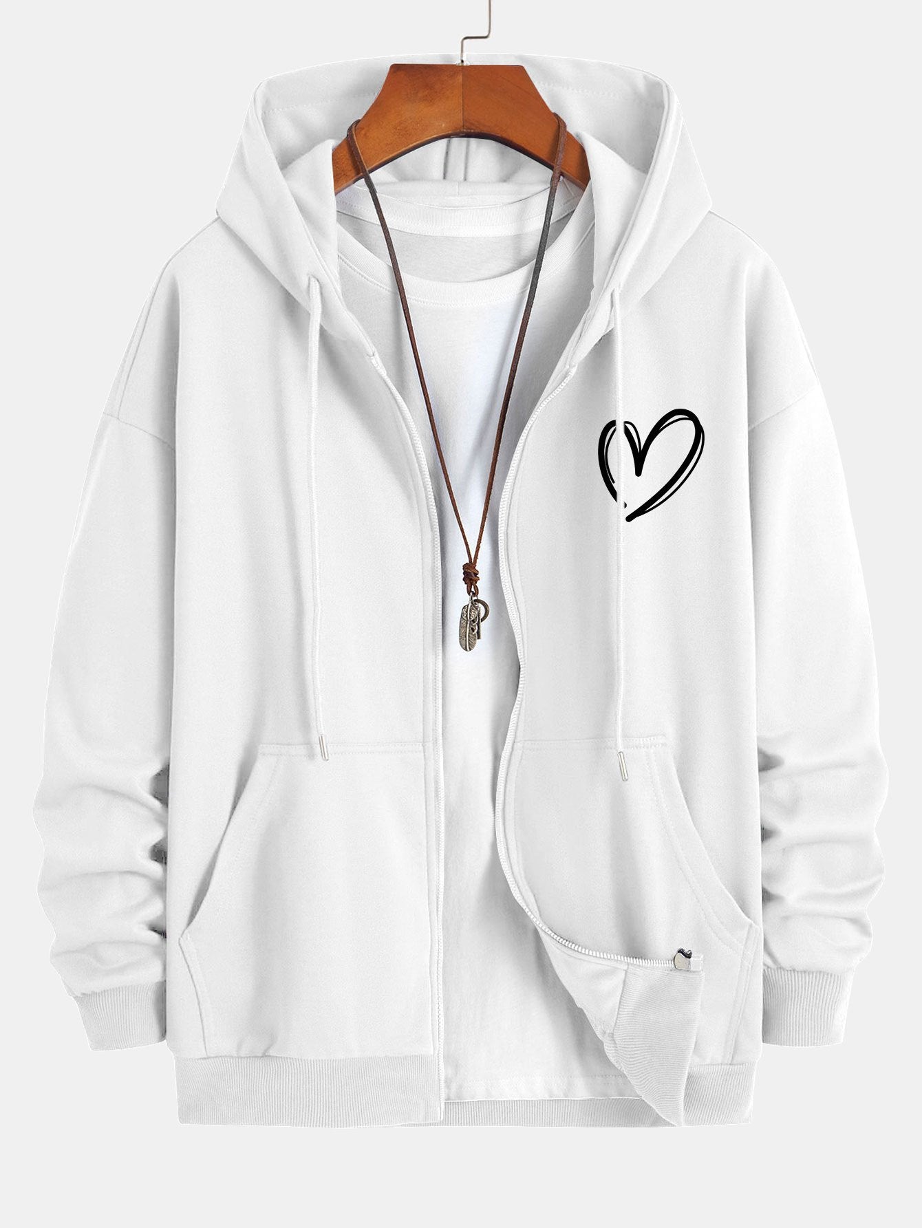 Heart Print Relax Fit Zip Hoodie - Naturzy