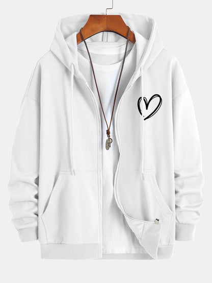 Heart Print Relax Fit Zip Hoodie - Naturzy