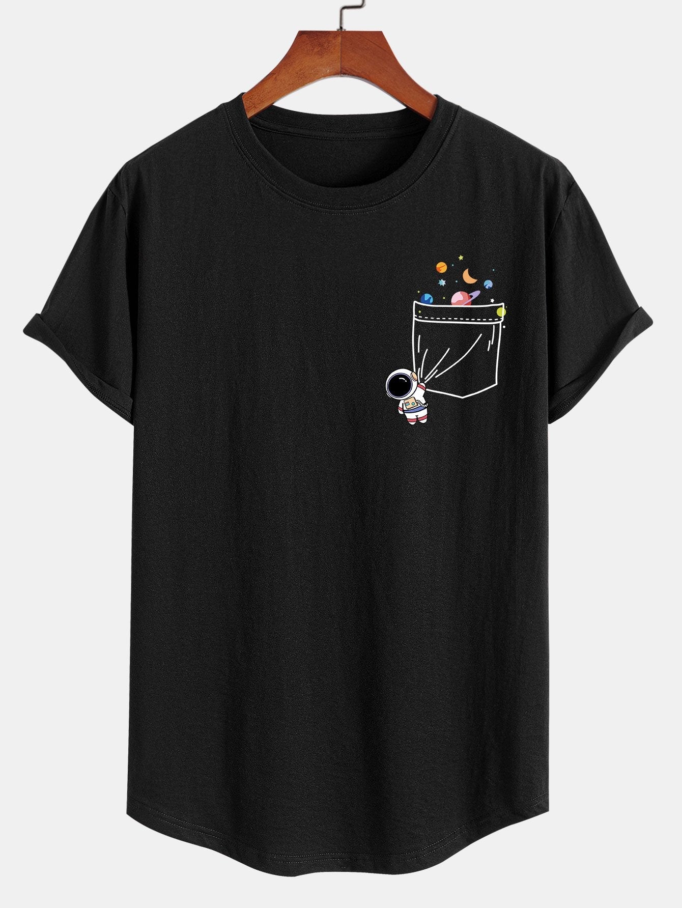 Astronaut Space Pocket Print Cotton Arc Hem T-Shirt - Naturzy