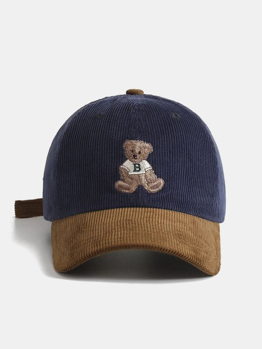 Bear Embroidery Print Corduroy Baseball Cap - Naturzy