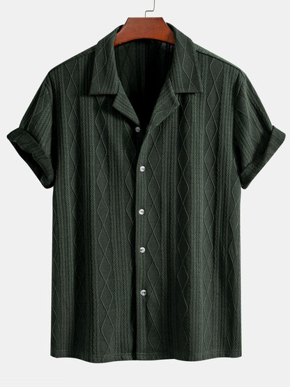 Knitted Geometric Rhombus Jacquard Cuban Shirt - Naturzy