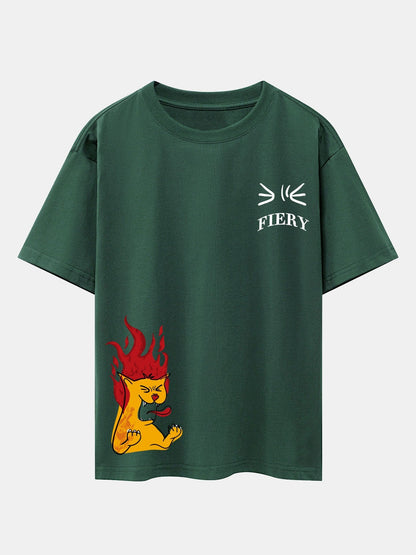 Fiery Cat Print Drop Shoulder Oversize T-Shirt