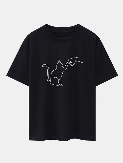 Fist Bump Cat Print Drop Shoulder Oversize T-Shirt - Naturzy