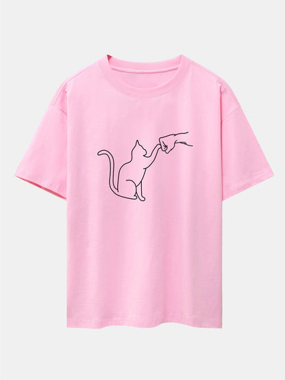 Fist Bump Cat Print Drop Shoulder Oversize T-Shirt - Naturzy