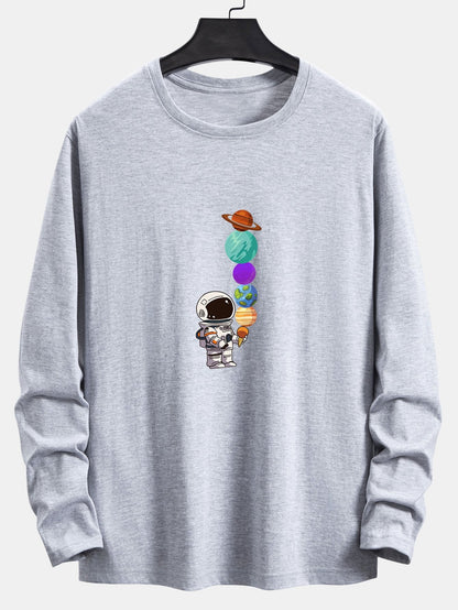 Long Sleeve Planet Astronaut Print Cotton T-Shirt - Naturzy
