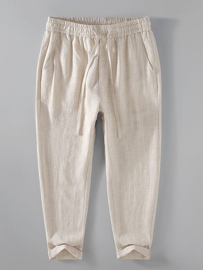 Striped Linen Cotton Blend Cropped Pants - Naturzy
