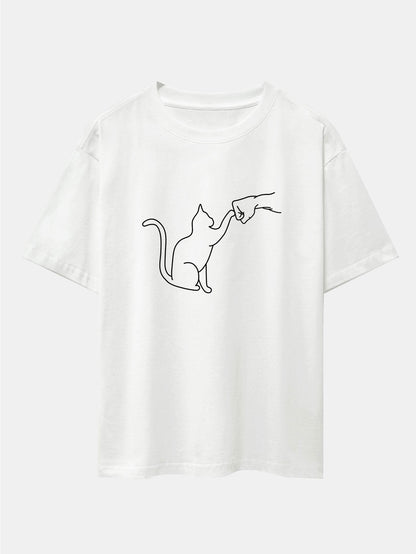 Fist Bump Cat Print Drop Shoulder Oversize T-Shirt - Naturzy
