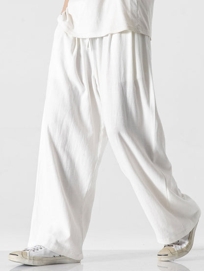 Linen And Cotton Blend Relax Fit Wide Leg Pants - Naturzy