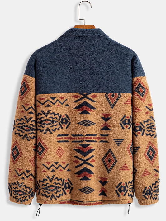 Aztec Print Patchwork Teddy Fleece Coat - Naturzy