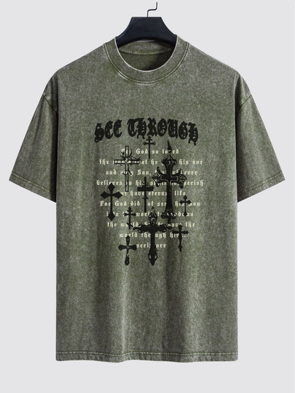 Cross Slogan Print Washed Distressed Drop Shoulder T-Shirt - Naturzy