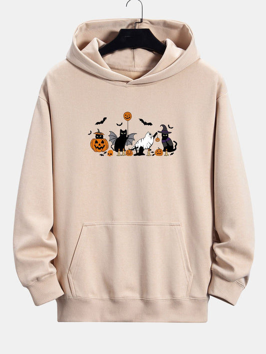 Halloween Pumpkin Black Cat Print Relax Fit Hoodie - Naturzy