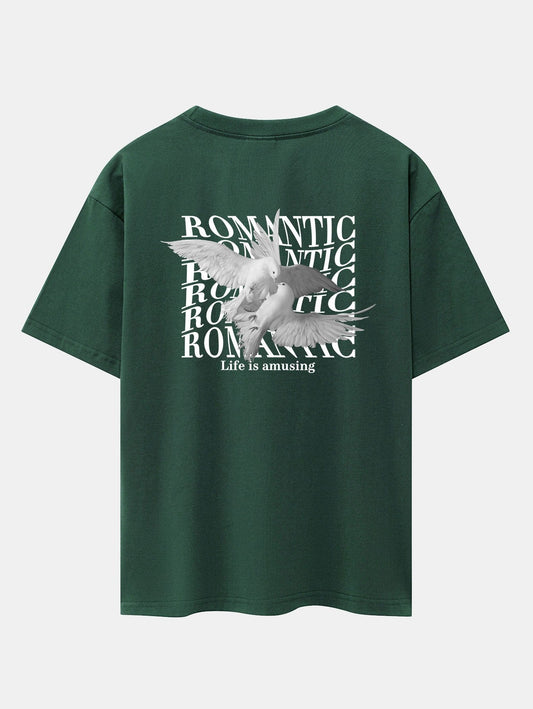Romantic Doves Back Print Drop Shoulder Oversize T-Shirt - Naturzy