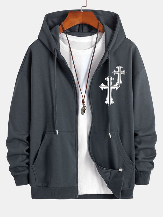 Cross Print Relax Fit Zip Hoodie - Naturzy