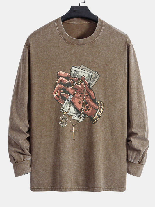Hand Holding Cash Print Relax Fit Long Sleeve Washed Distressed T-Shirt - Naturzy
