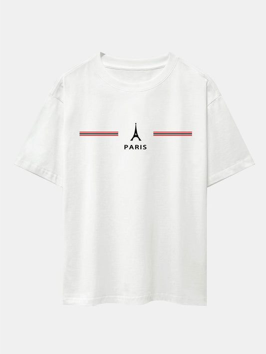 Paris Stripes Print Drop Shoulder Oversize T-Shirt - Naturzy