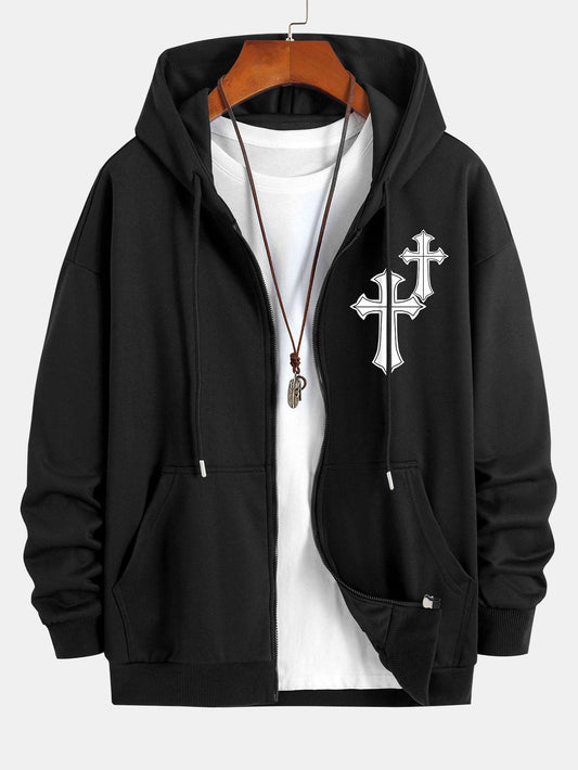 Cross Print Relax Fit Zip Hoodie - Naturzy